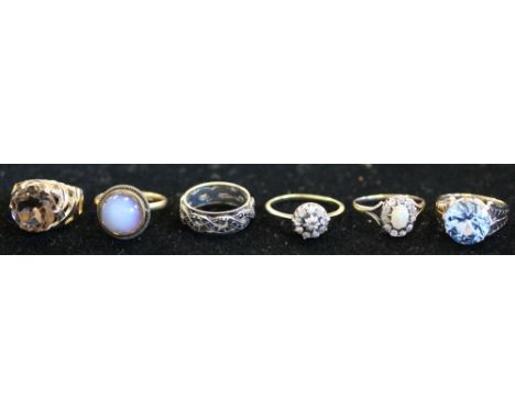 GOLD RINGS - 6 vintage rings to include an opal with 11 diamond surround (markings worn away), a diamond with 9 diamond surro