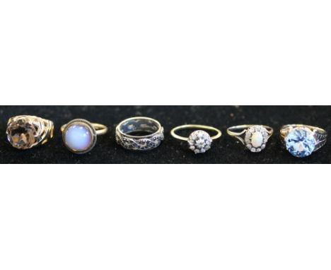 GOLD RINGS - 6 vintage rings to include an opal with 11 diamond surround (markings worn away), a diamond with 9 diamond surro