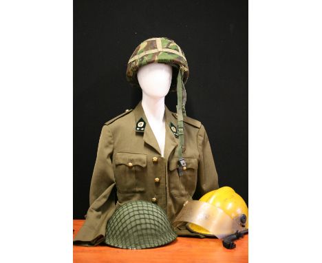 MILITARY & SERVICE - a military jacket with brass buttons and decoration, a military helmet in green, a military camo helmet 