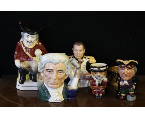 CHARACTER JUGS - 5 character jugs to include a Royal Doulton Apothecary D 6567, a Crown Devon Beefeater, a Staffordshire by M