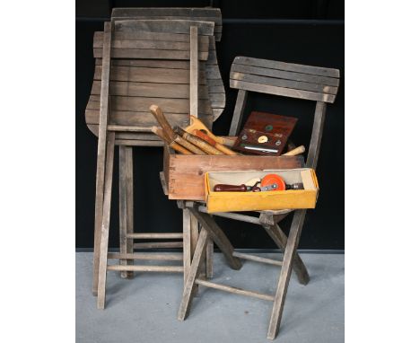 DECK CHAIRS & TOOLS - 3 vintage wooden folding deck/garden chairs marked RHIT and a selection of tools to included a Stanley 
