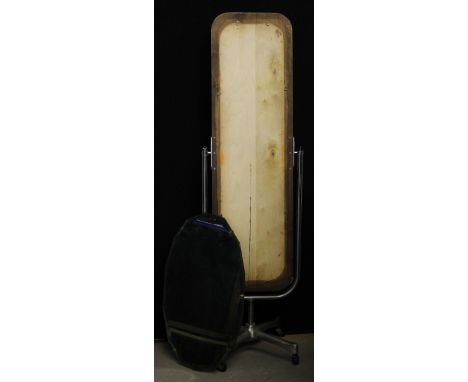 VINTAGE MIRROR STAND - a vintage metal mirror stand on plastic castors (maximum height 153cm), a wall mirror measuring 68x41c