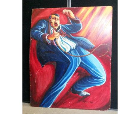 REGINALD SINGH - a caricature oil painting of Elvis Presley performing on stage by artist Reginald Singh. Measures 91.5x114.5