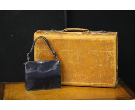 BRIEFCASE & PURSE - an Asprey of London blue leather small handbag/purse and a tan leather vintage briefcase.