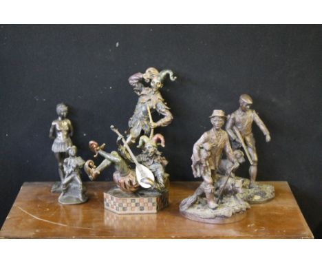 BRONZE STYLE FIGURINES - 5 bronze style figurines and a bronze pirate to include a country gentleman or gameskeeper, a farmer