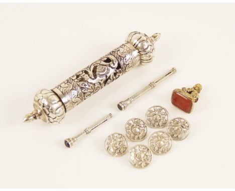 A set six Art Nouveau silver dress buttons, King &amp; Sons, Chester 1900, each of circular form with pierced floral and foli