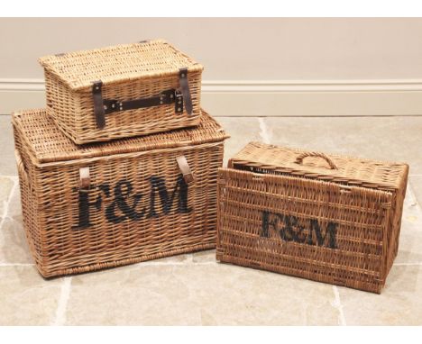 A Fortnum &amp; Mason wicker hamper basket, of traditional form with leather-hinged cover, loop handles and leather buckle st