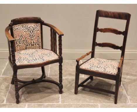 A 19th century fruit wood ladder back country chair, the turned arms enclosing a later upholstered drop-in seat, raised upon 