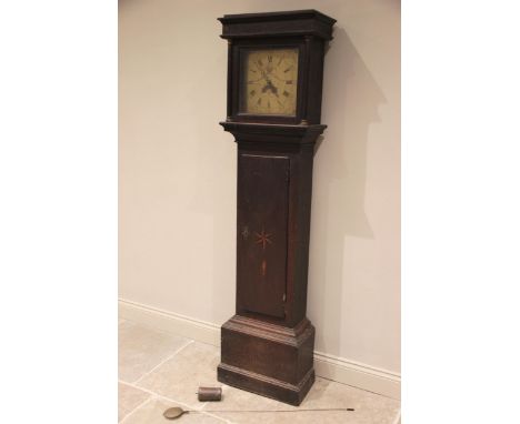 A George III oak cased thirty hour longcase clock signed John Wood, Stroud, the flat top hood above tapering pilasters flanki