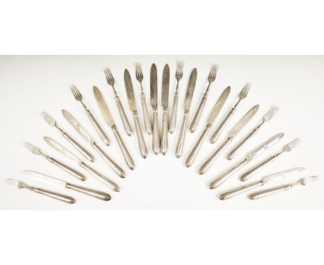 A set of twenty-four Victorian silver dessert knives and forks, Martin, Hall & Co, Sheffield 1867, comprising twelve knives a