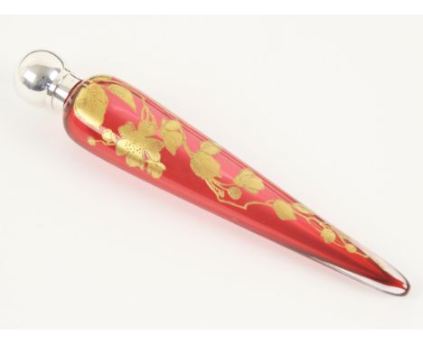 A Victorian cranberry glass, silver mounted scent bottle, the tapered cranberry glass body painted in gold hues with blossoms