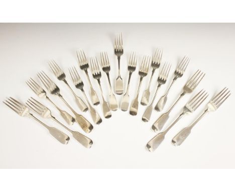 A selection of 19th century fiddle pattern silver forks, to include a pair of Victorian dinner forks by Josiah Williams &amp;