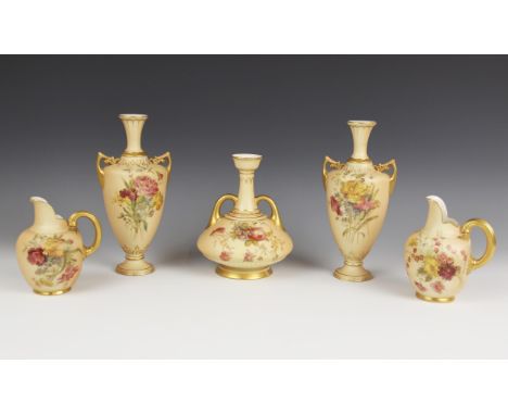 A near pair of Royal Worcester blush ivory stem vases, early 20th century, shape number 1920, each decorated with gilt highli