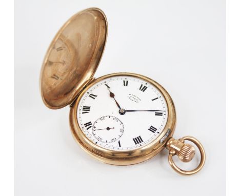 A 9ct full hunter pocket watch, Birmingham 1924, manual wind, the cover revealing a white enamel dial with black Roman numera