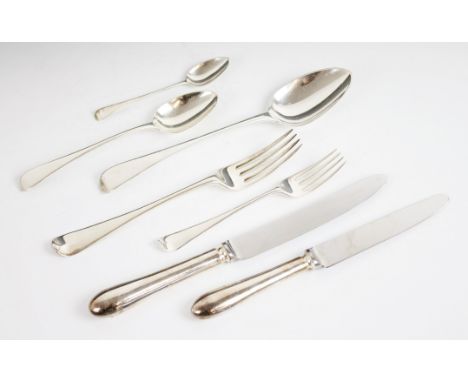 A George III silver canteen of Old English pattern cutlery, George Smith (III) & William Fearn, comprising; twelve table spoo