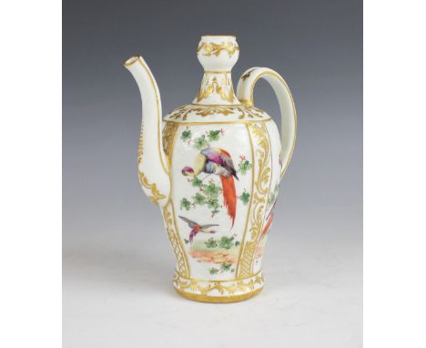 A Chelsea type porcelain ewer, possibly 18th century, of baluster form with garlic neck, serpentine spout and strap handle, d