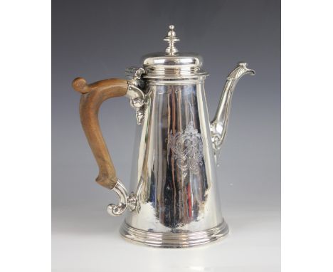 A George II silver coffee pot, London 1745 (maker's marks worn), of tapering cylindrical form on raised circular foot, urn fi