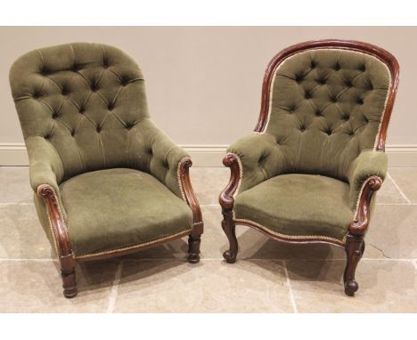 A Victorian mahogany framed upholstered armchair, in green velour, the arched button back extending to padded arms and carved