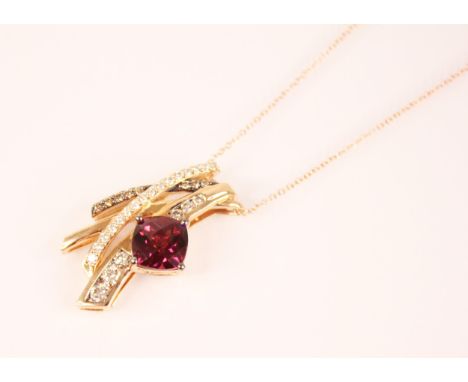 A rhodolite garnet and diamond 14ct gold pendant by Le Vian, the mixed cushion cut rhodolite garnet measuring 8mm x 8mm, with