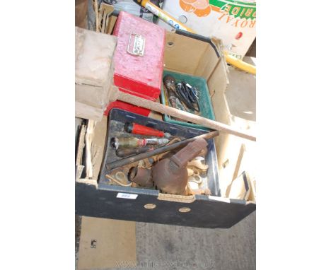 Miscellaneous tools including Mastercraft tin box, bicycle spanners and a small jack etc. 