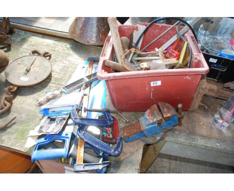A quantity of tools including saws, hammers, clamps, vice, rasp etc.