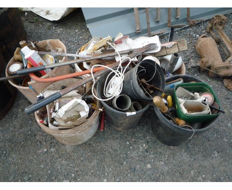 A quantity of miscellaneous tools including screws, saws, axe head, croppers, G-clamps etc. 
