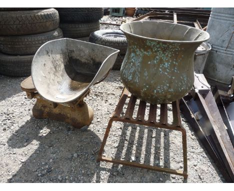 A brass jardiniere, vegetable scales and caravan steps