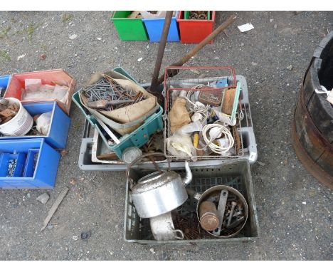Two plastic trays of fixings, pipe threaders etc