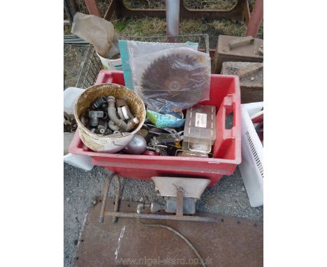A quantity of bolts, nails, screws, security light, circular saw blade, pipe fittings etc