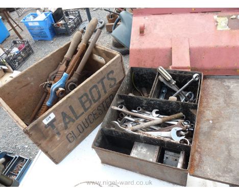 A steel box of spanners, box with rasps, pipe threaders, allen keys etc, box marked Talbots of Gloucester