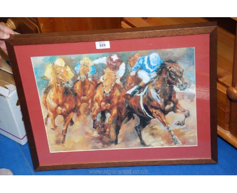 A print of racing, horses and jockeys.