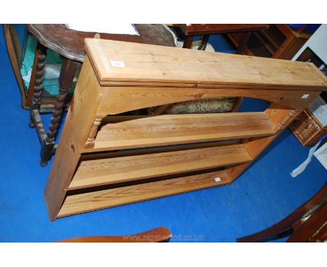 An old pine three shelf wall hanging plate rack