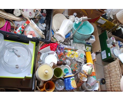 A quantity of miscellaneous including various mugs, glasses, condiments, lamp base etc.
