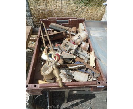 Scales, hammer, plane, torch, pen knife, brass tongs etc