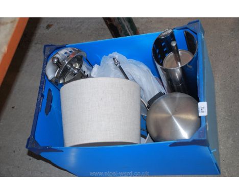 Two toilet brushes, bathroom swing bin and two light shades etc.