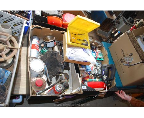 Two boxes of tools, grease gun, ratchet strap, staple gun kit etc.