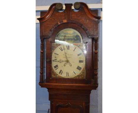 Early 19th century oak longcase clock, swan neck pediment over a painted arched dial by Robert Garbell of Wellington, Roman c