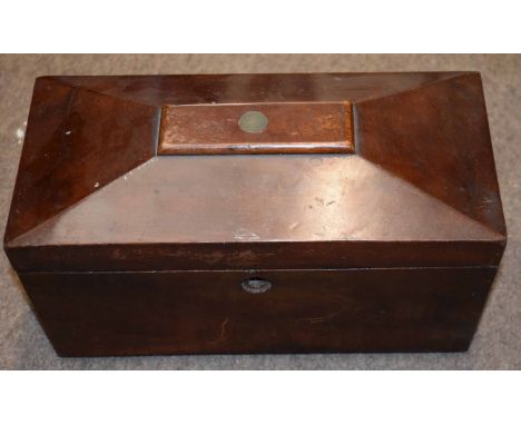 Mahogany sarcophagus shaped caddy box (void interior), 27.5cm wide