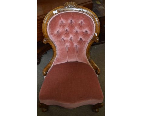 Victorian walnut ladies chair upholstered in pink button back 