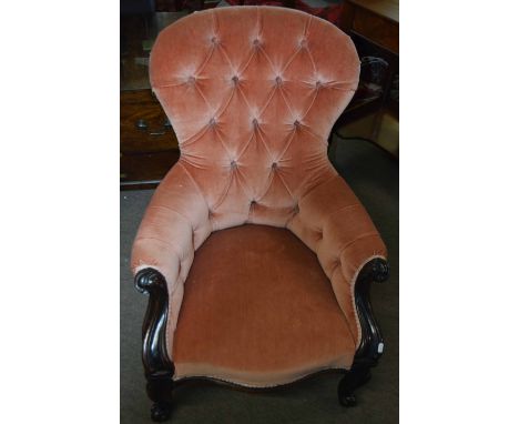Victorian mahogany gents armchair upholstered in pink button back |Est £50 - £60
