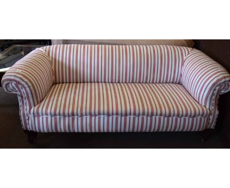 Victorian striped upholstered Chesterfield sofa raised on short fluted legs with castors 1.9m wide 