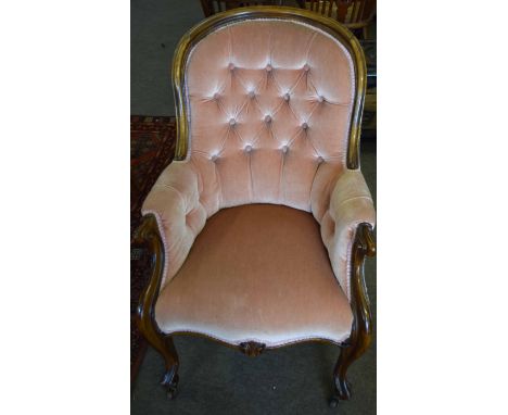 Victorian mahogany gents armchair upholstered in pale puce button back 