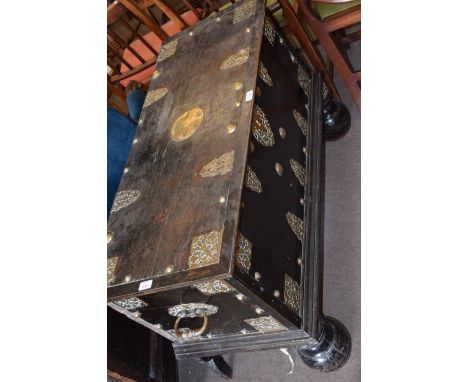 18th century Ceylonese hardwood storage chest with decorative pierced and etched brass mounts with button detail, heavy brass