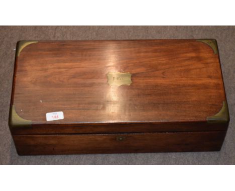 19th century mahogany writing slope, brass bound corners, central brass name plate inscribed "P Eade", fitted interior, 50cm 