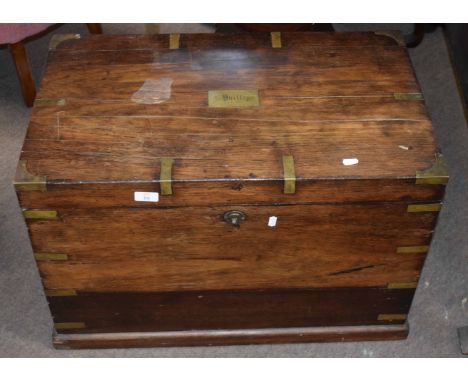 19th century brass bound polished oak silver chest, the lid inset with name plate inscribed "H Phillips", partially fitted in