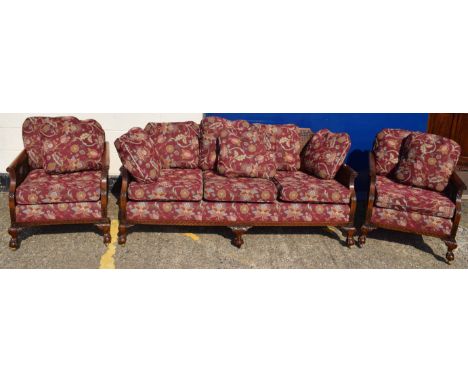 Early 20th century mahogany bergère suite comprising three seater sofa, two easy chairs double caned throughout with short fr