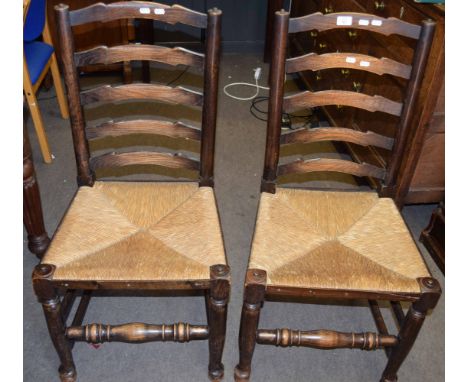 Set of six Lancashire style ladder back and rush seat oak dining chairs 