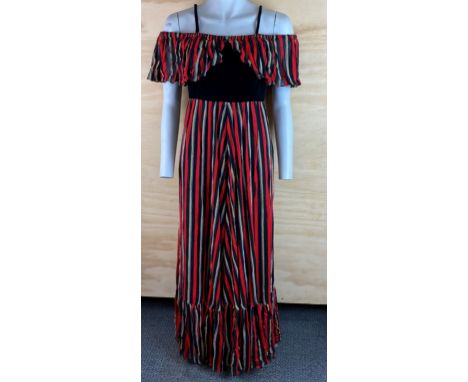 A Marcel Fenez (designed by Roland Klein) multi fabric red and black long dress, Size 12. Dress L. 139cm, shoulder L. 48cm (e