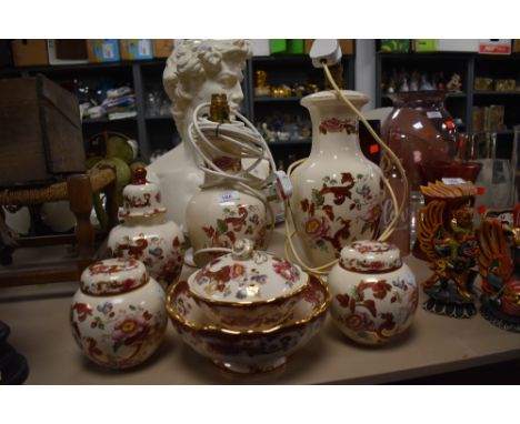 Two Masons 'Mandalay red' lamp bases, two ginger jars, lidded urn, fruit bowl and dish with lid.