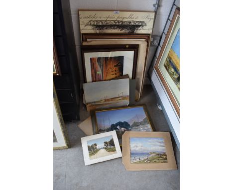 A selection of prints , and antique portrait sketches and local interest watercolours.